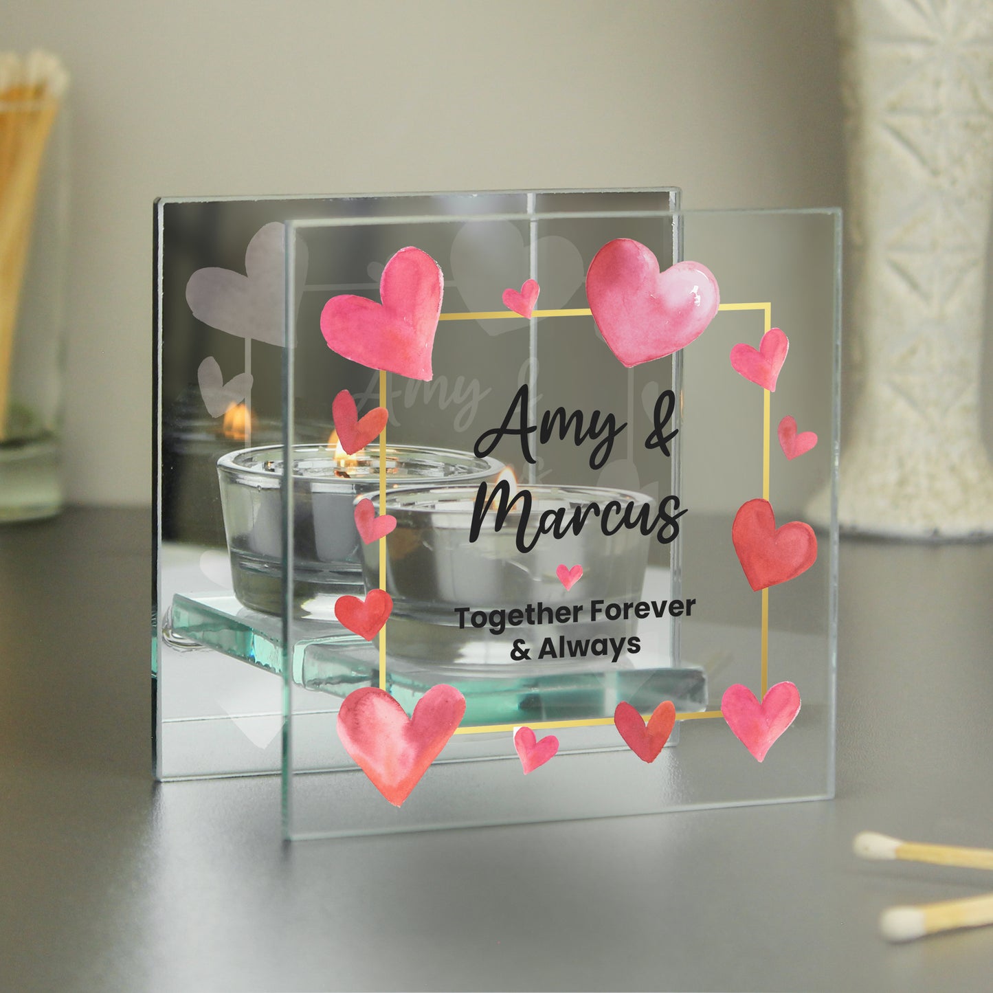 Personalised Hearts Mirrored Glass Tealight Holder - image 4
