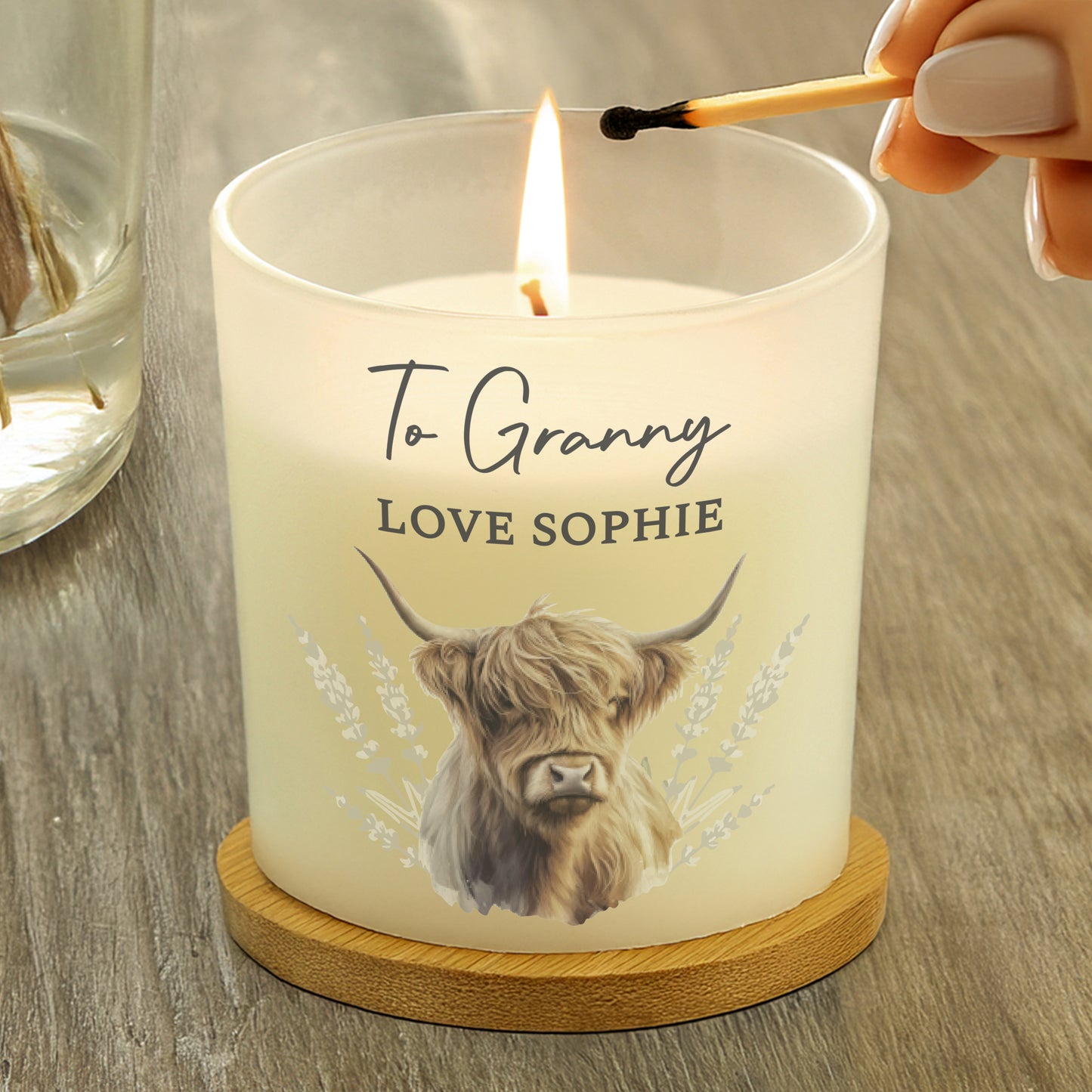 Personalised Highland Cow Frosted Glass Candle – Vanilla Scented Gift - image 3