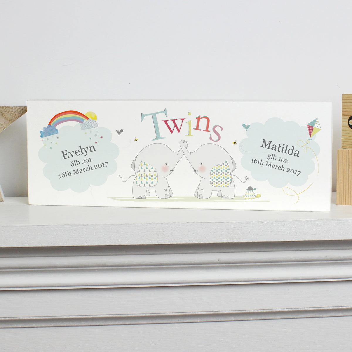 Personalised Hessian Elephant Twins Wooden Mantel Decoration - image 3