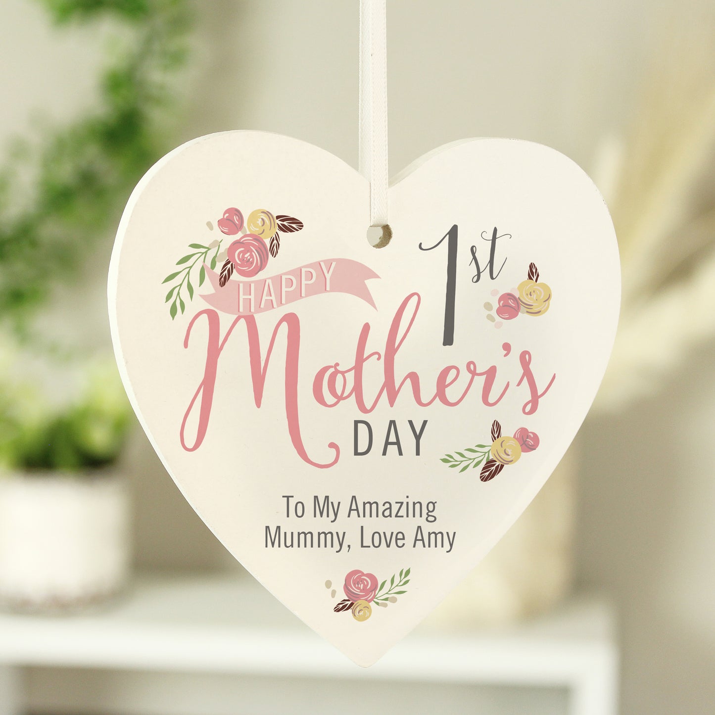 Personalised Floral Bouquet 1st Mothers Day Wooden Heart Decoration - image 2