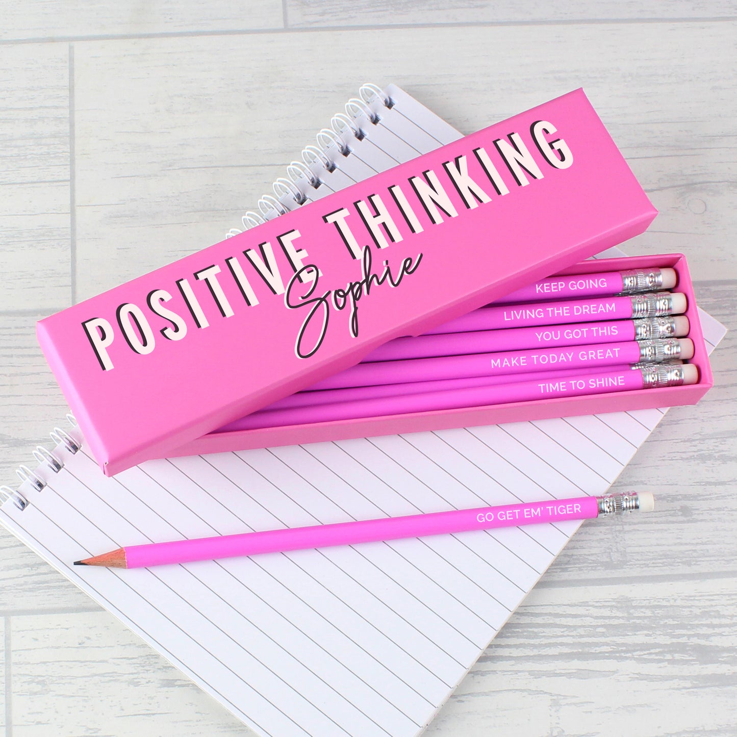Personalised Positive Thinking Box and 12 Pink HB Pencils - image 3