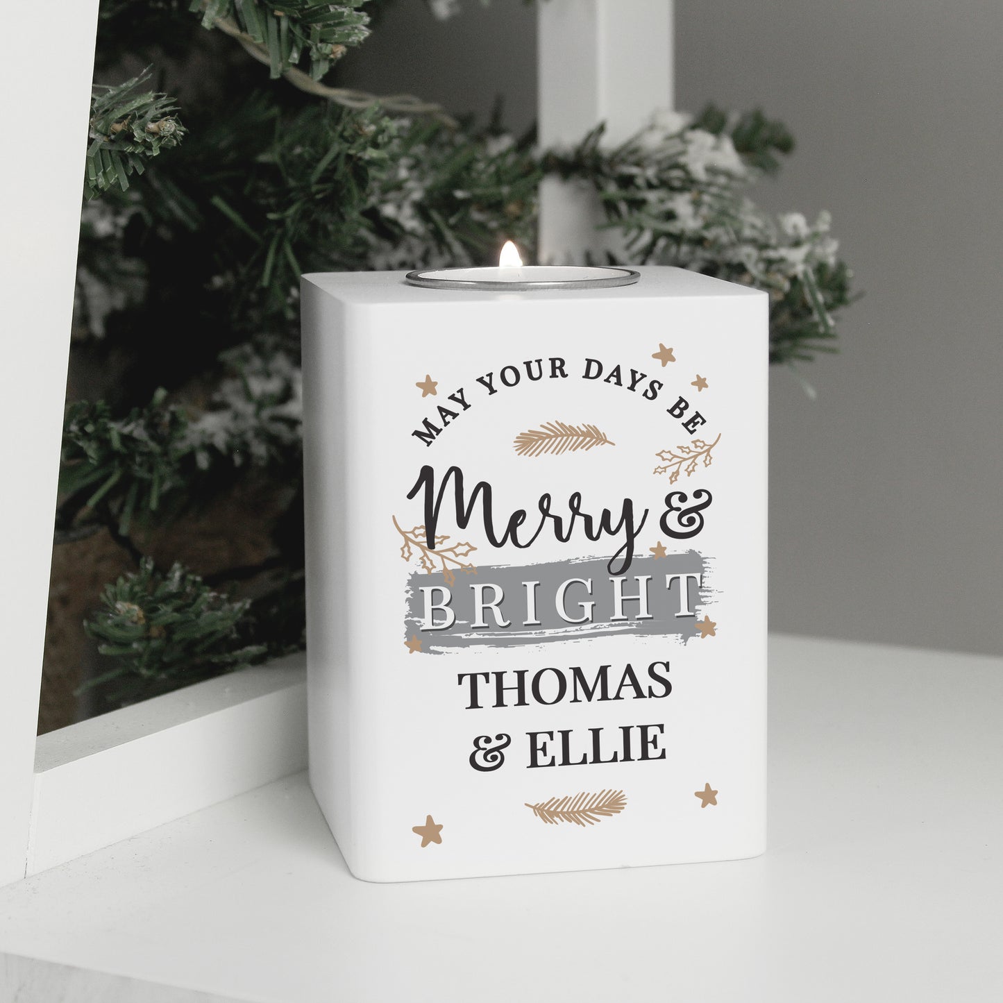 Personalised Merry & Bright White Wooden Tea light Holder - image 3