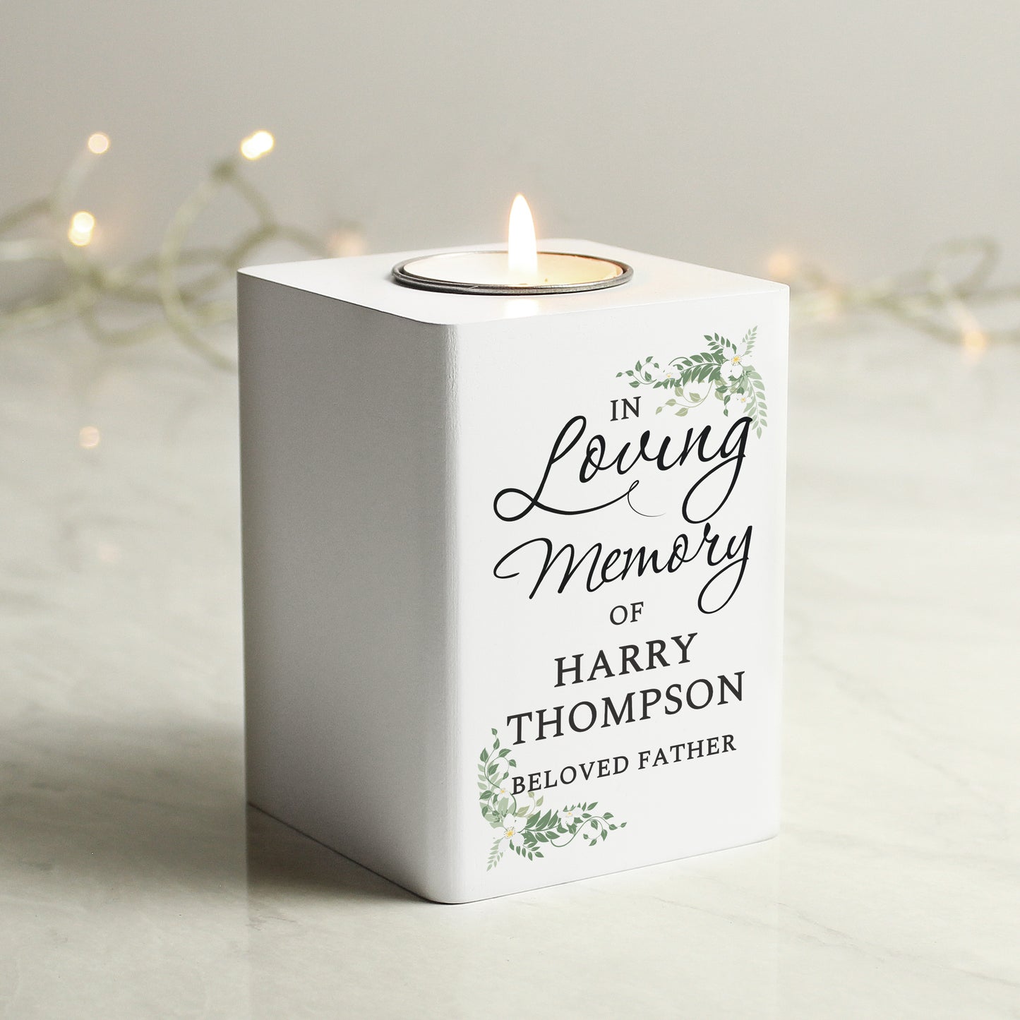 Personalised In Loving Memory White Wooden Tea light Holder - image 2