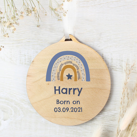 Personalised Blue Rainbow Round Wooden Decoration - image 2