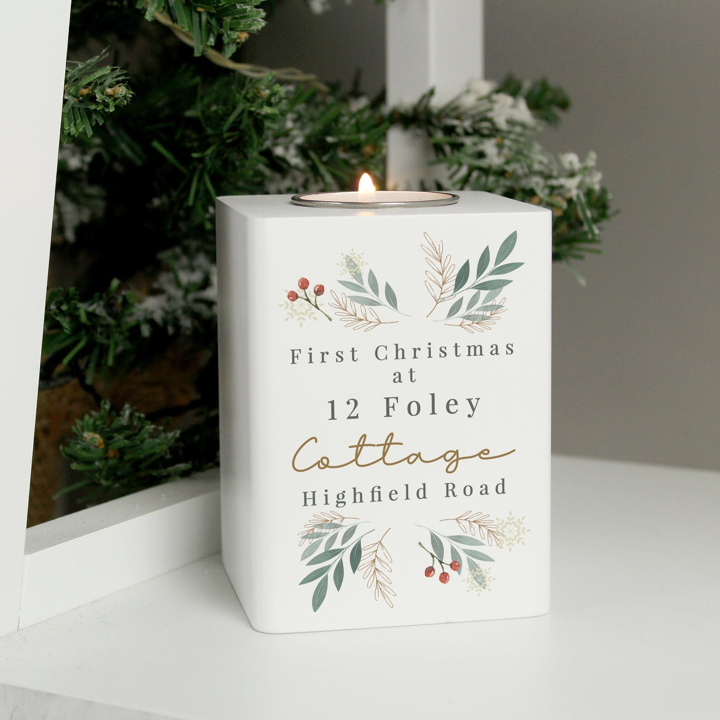 Personalised Christmas Foliage White Tealight Holder - image 4