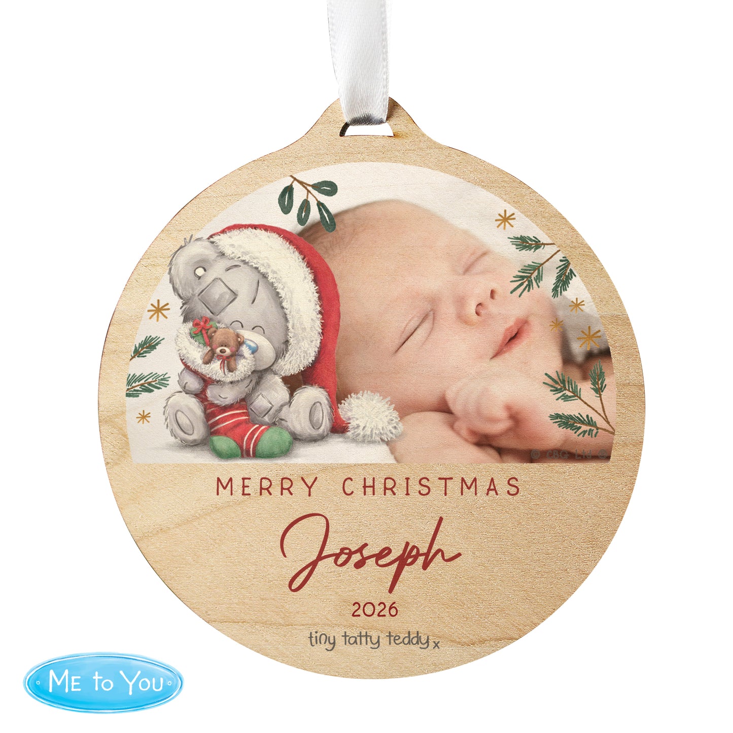 Personalised First Christmas Tiny Tatty Teddy Photo Upload Round Wooden Decoration - image 4