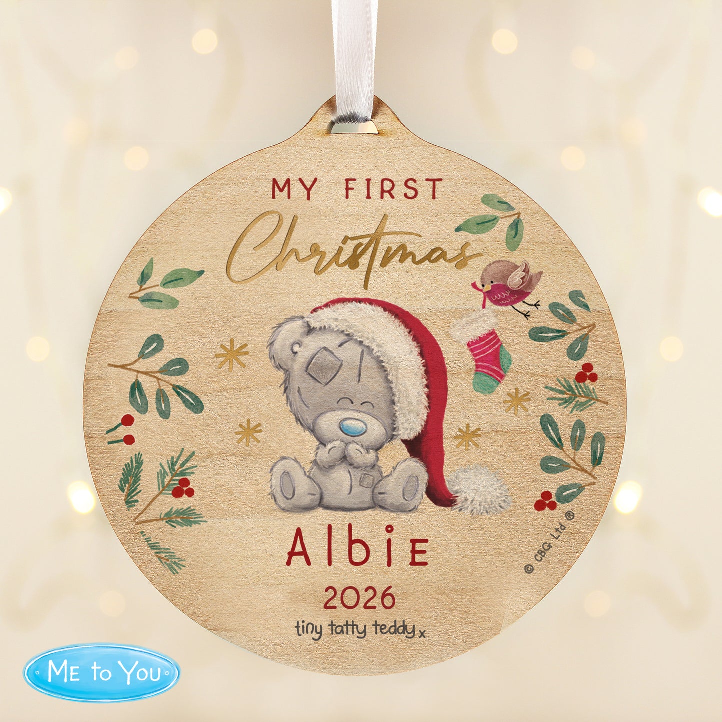Personalised First Christmas Tiny Tatty Teddy Round Wooden Decoration - image 3