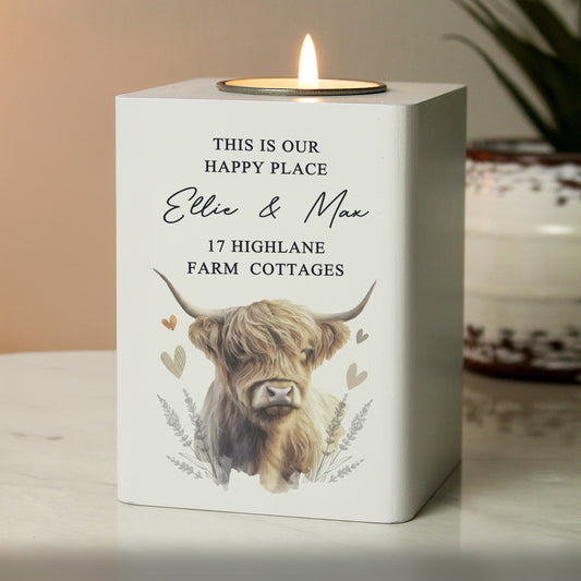 Personalised Highland Cow White Wooden Tealight Holder - image 4
