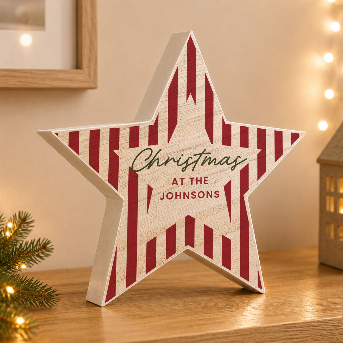 Personalised Candy Cane Stripes Wooden Star Ornament from Heartfelt Gifts