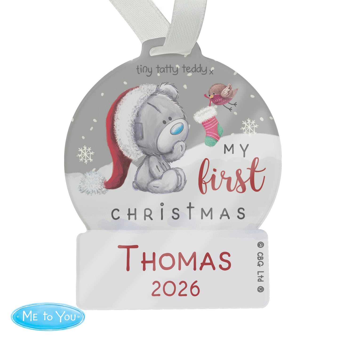 Personalised First Christmas Tiny Tatty Teddy Acrylic Snow Globe Decoration - image 4