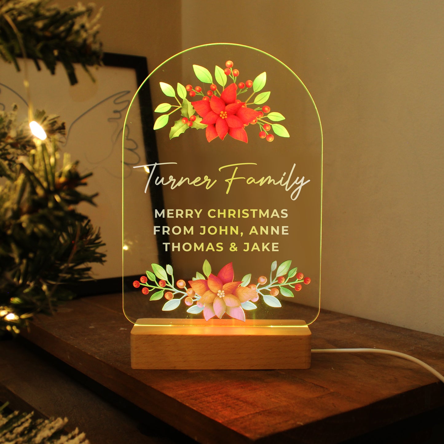 Personalised Christmas Poinsettia Wooden Based LED Light - image 14