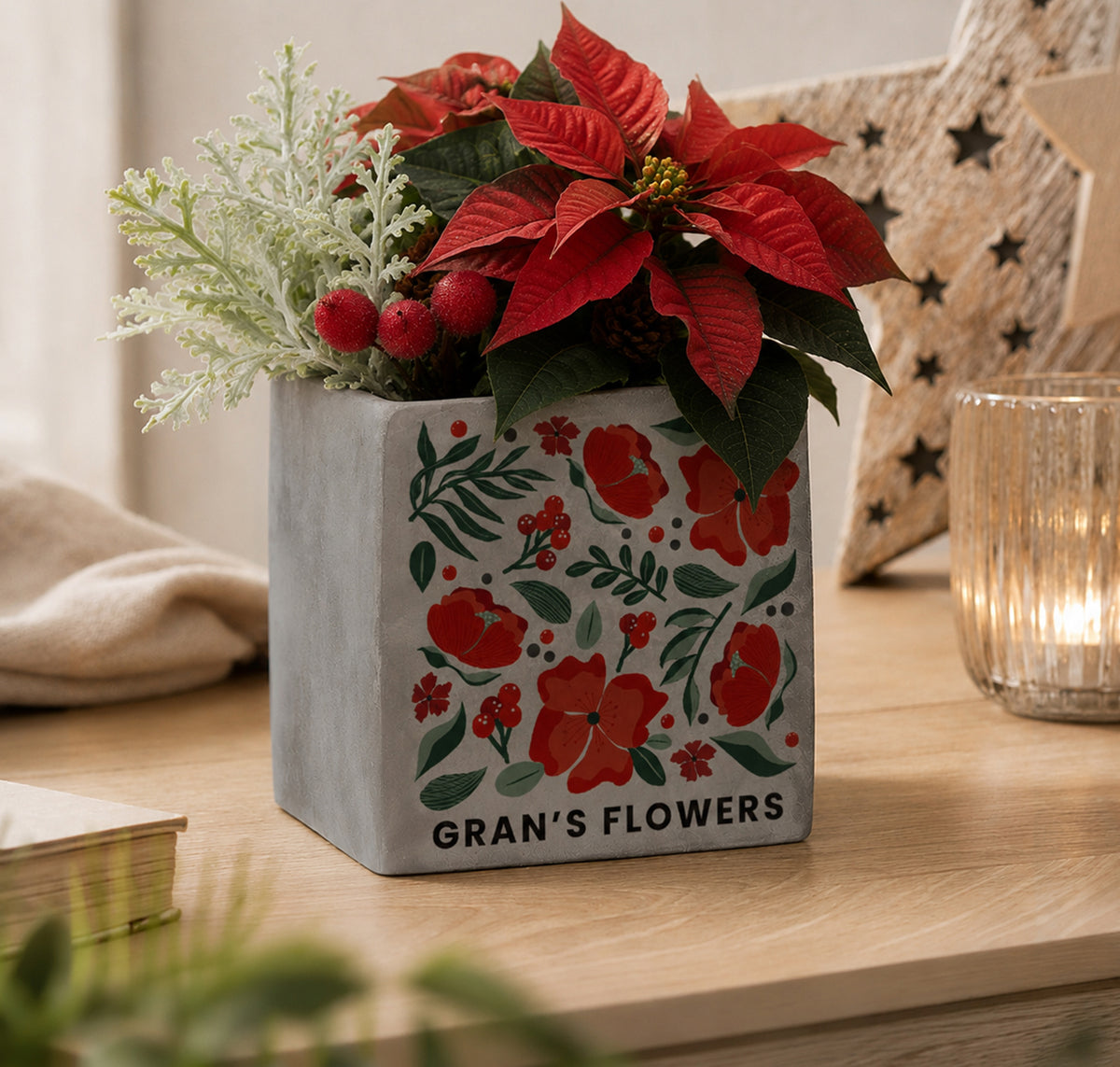 Personalised Poinsettia Concrete Plant Pot from Heartfelt Gifts