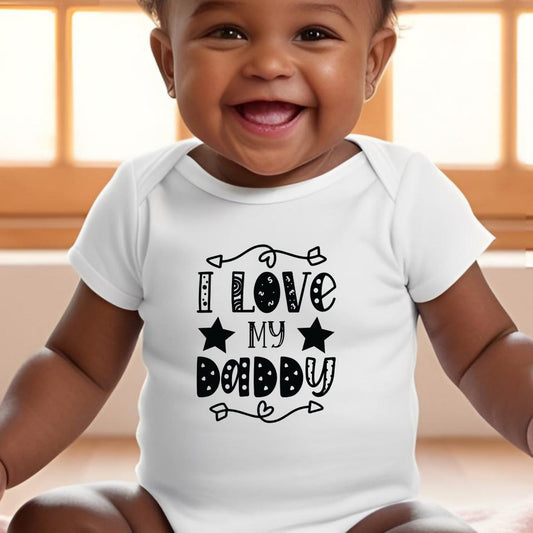Personalised I Love My Daddy baby clothing in a black-and-white design