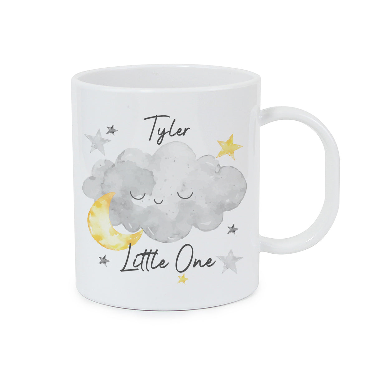 Personalised Little One Cloud Plastic Mug with name, cloud, moon and stars