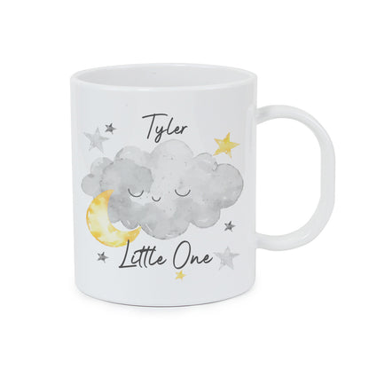 Personalised Little One Cloud Plastic Mug with name, cloud, moon and stars