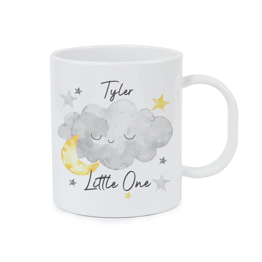 Personalised Little One Cloud Plastic Mug with name, cloud, moon and stars
