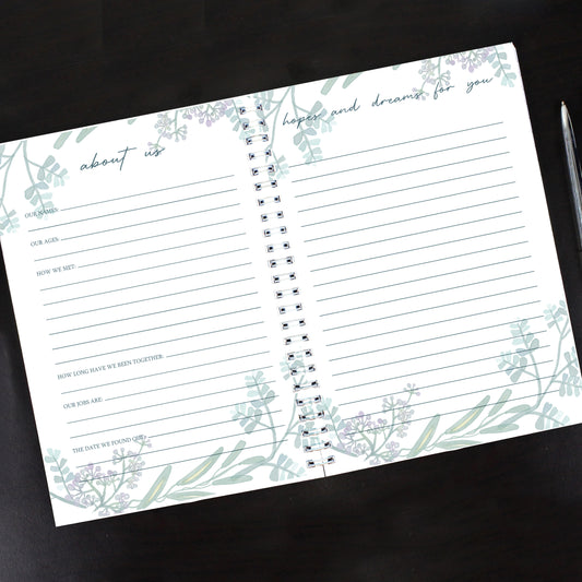 Open personalised From Bump to Baby journal with prompted memory pages
