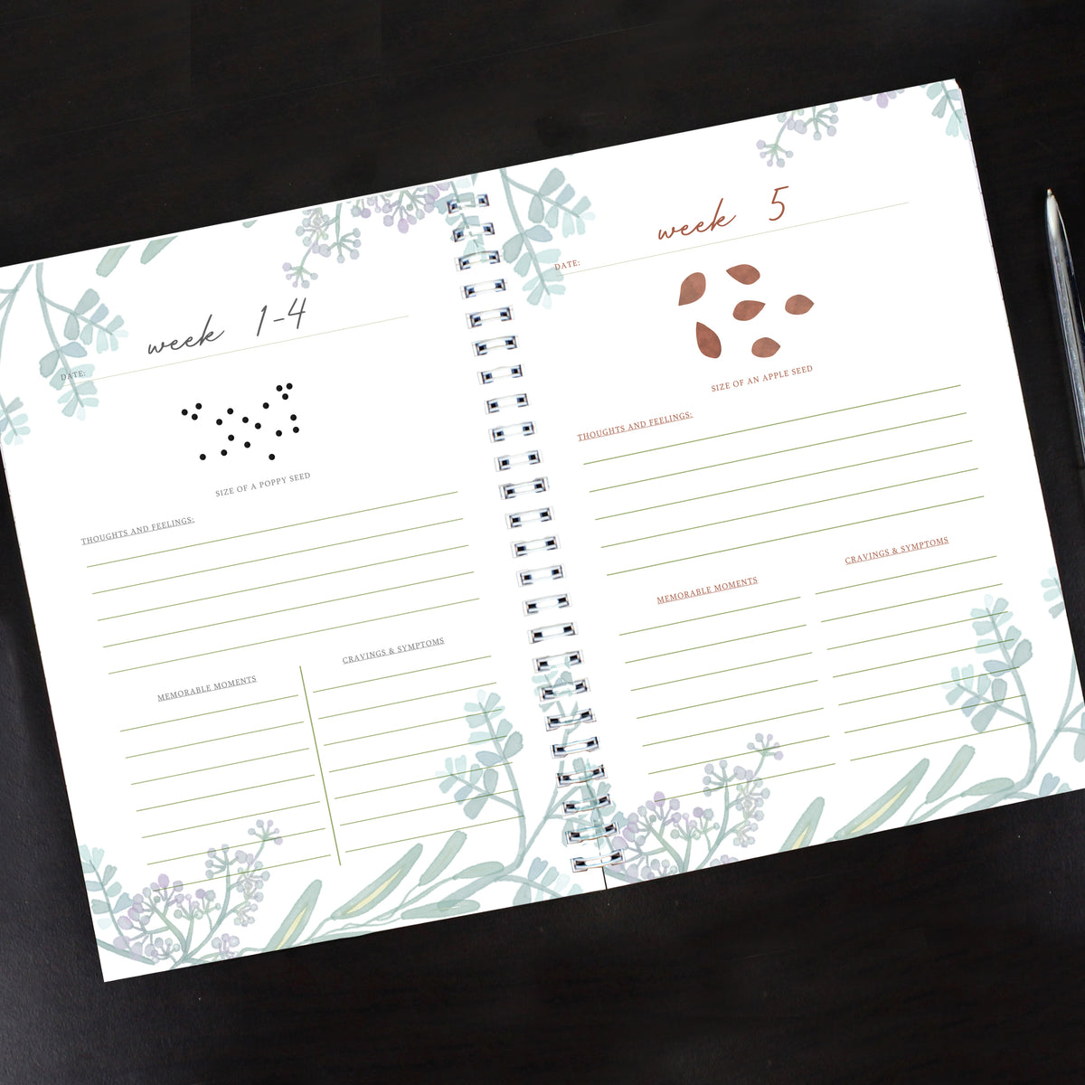 Open personalised pregnancy journal showing weekly tracking pages