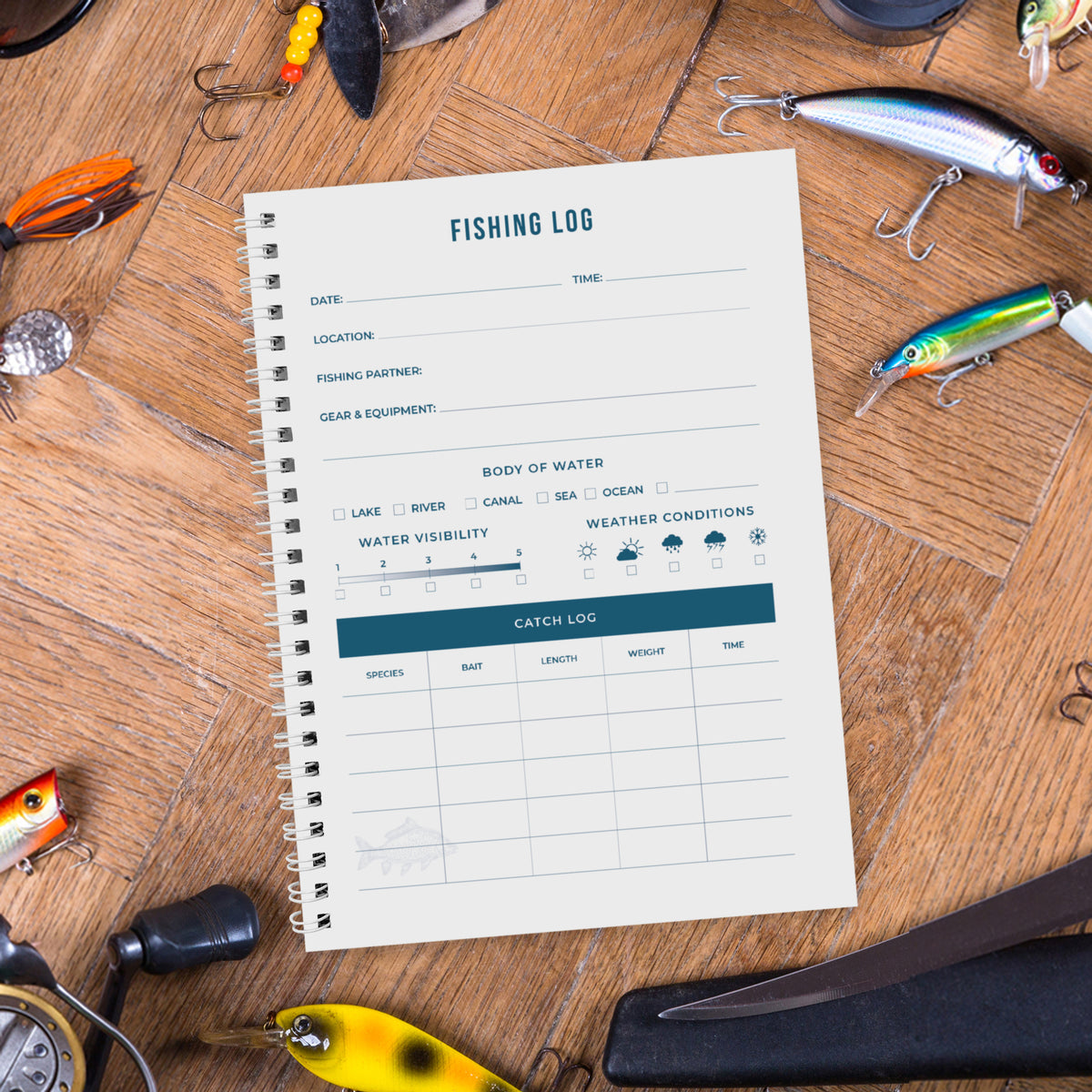 Open personalised fishing log book showing the fishing log page