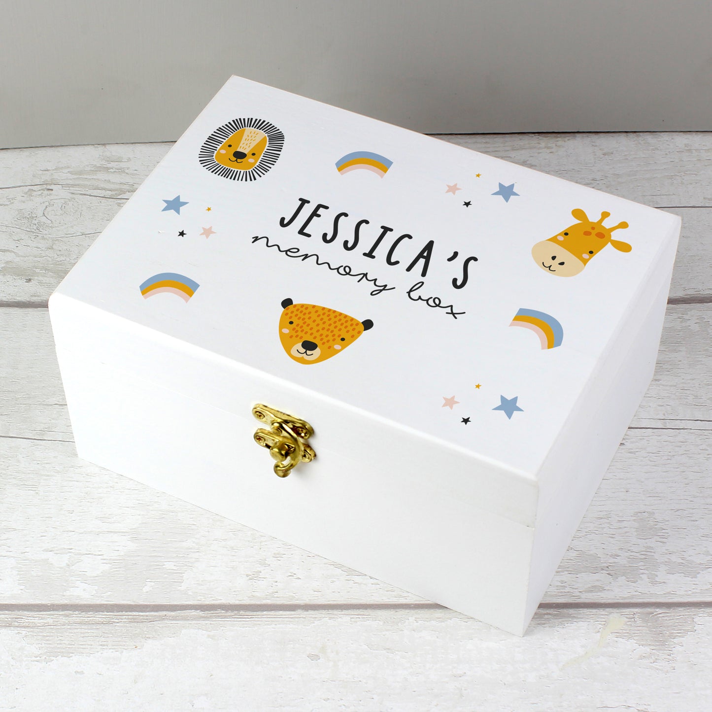 Personalised Safari Animal White Wooden Keepsake Box from Heartfelt Gifts