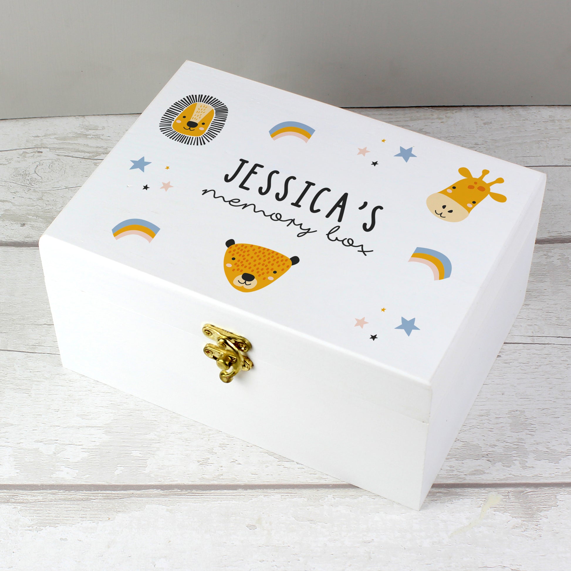 Personalised Safari Animal White Wooden Keepsake Box from Heartfelt Gifts