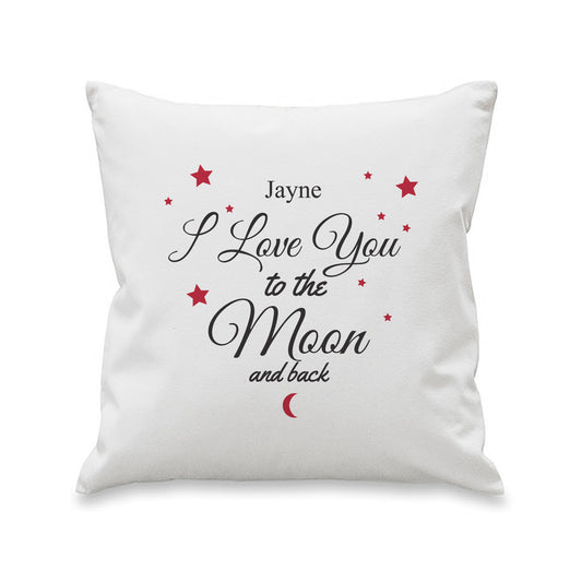 White cushion personalised with a name above I Love You to the Moon and Back, with red stars and crescent moon