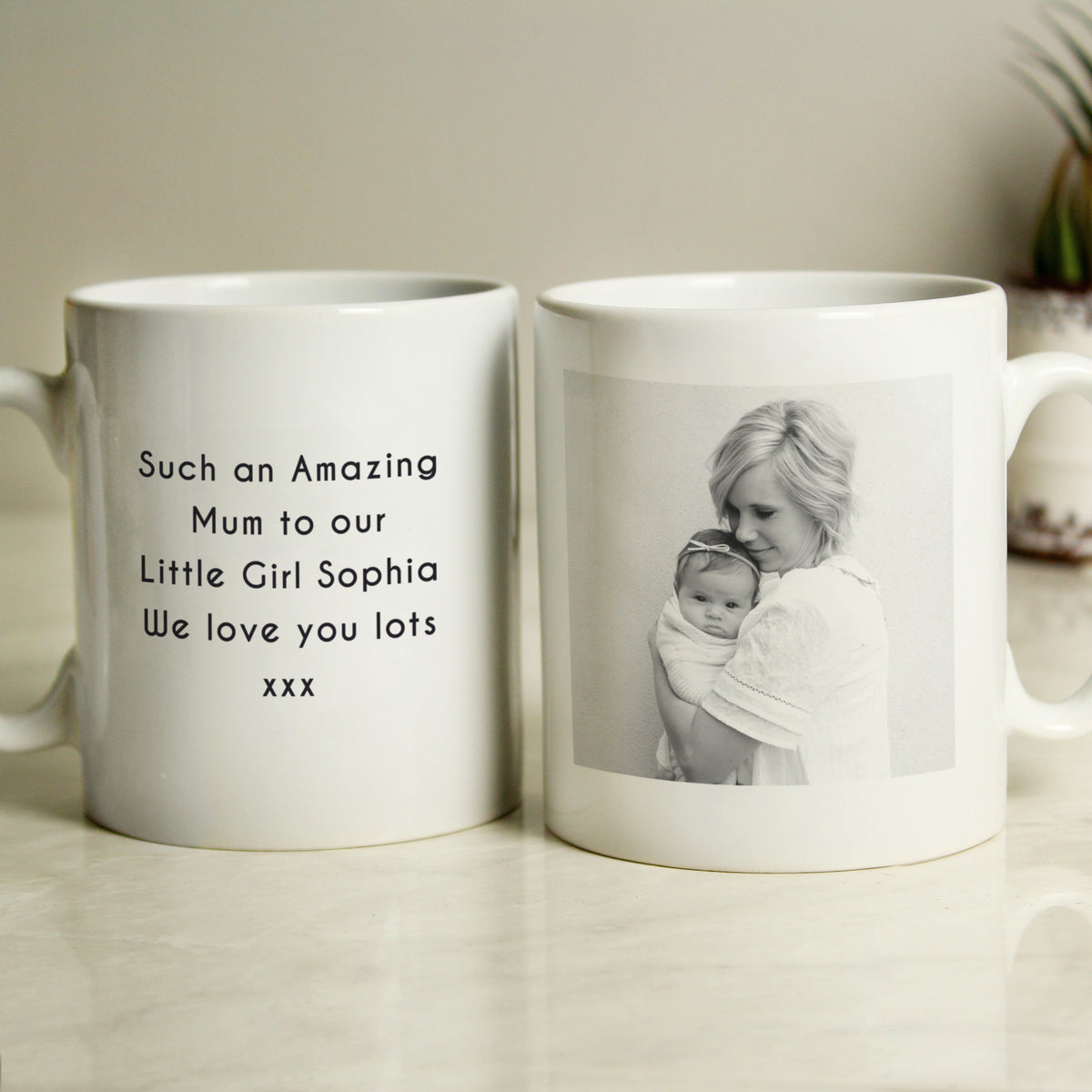 Personalised photo upload mug with example portrait photo and message