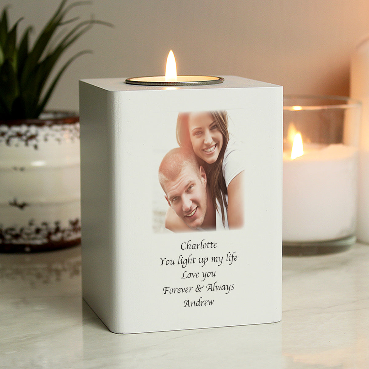 Photo wooden tea light holder – personalised photo and message example