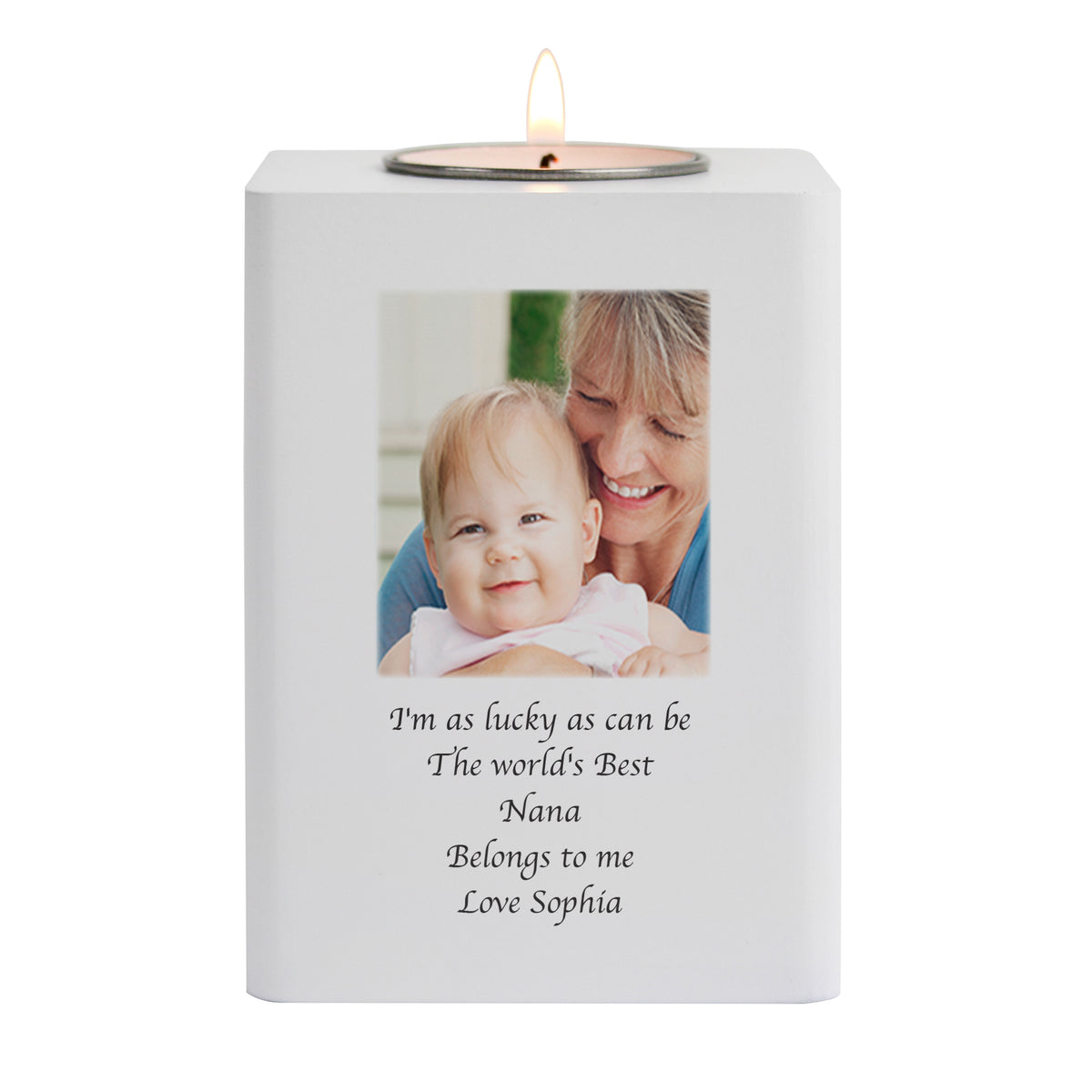 White wooden photo tea light holder – product view