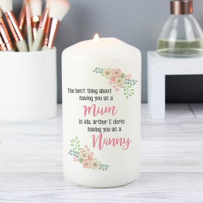 Personalised floral pillar candle with a Mum message