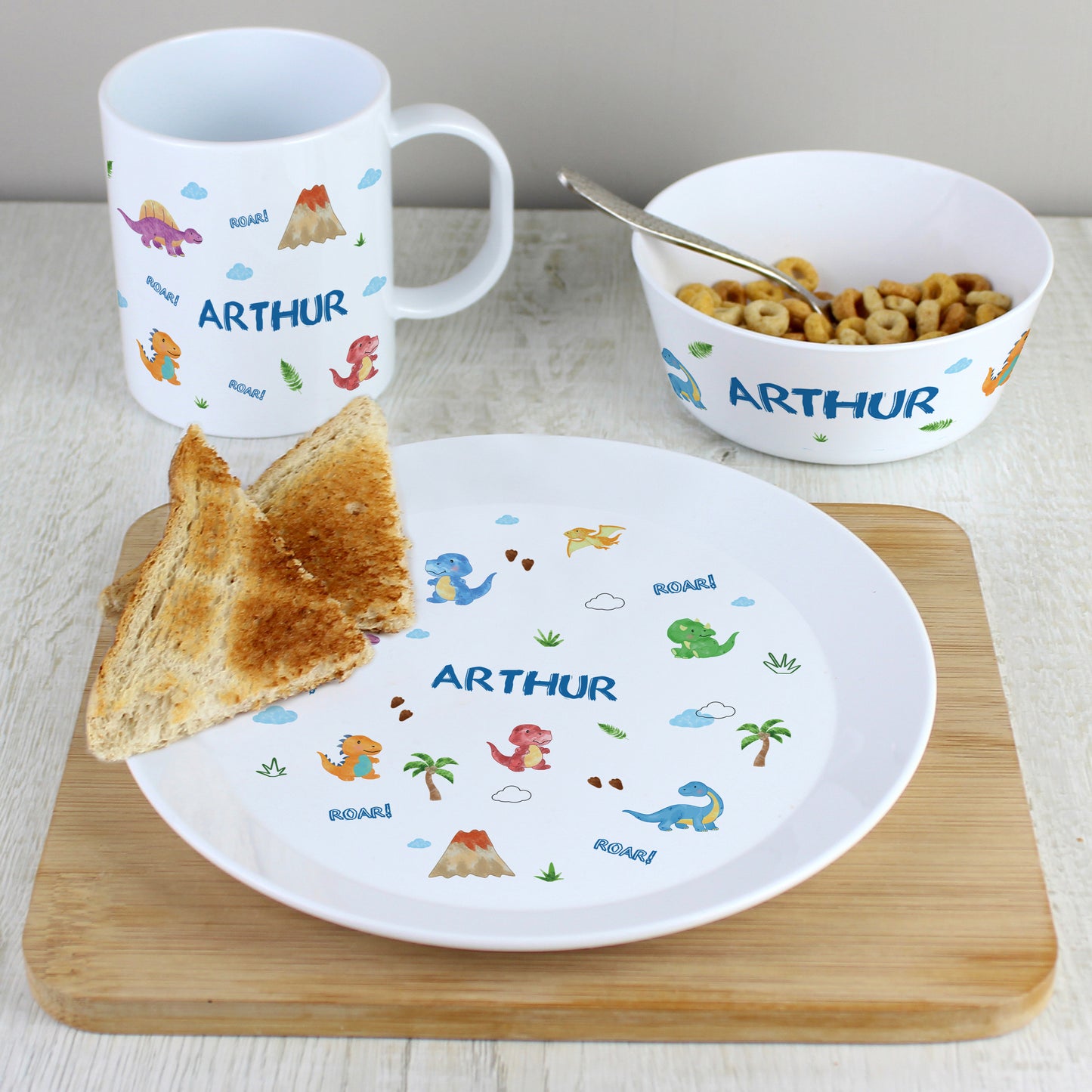 Personalised Dinosaur Plastic Breakfast Set from Heartfelt Gifts