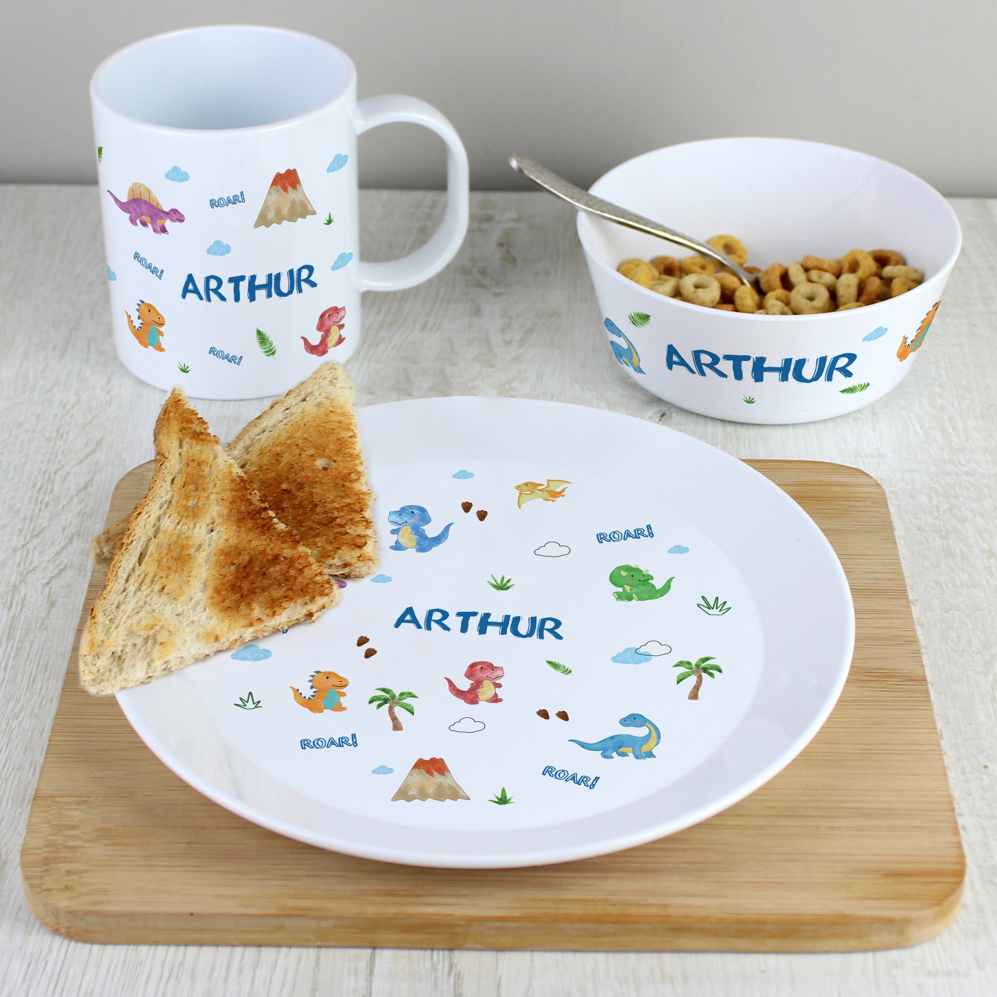Personalised Dinosaur Plastic Breakfast Set from Heartfelt Gifts