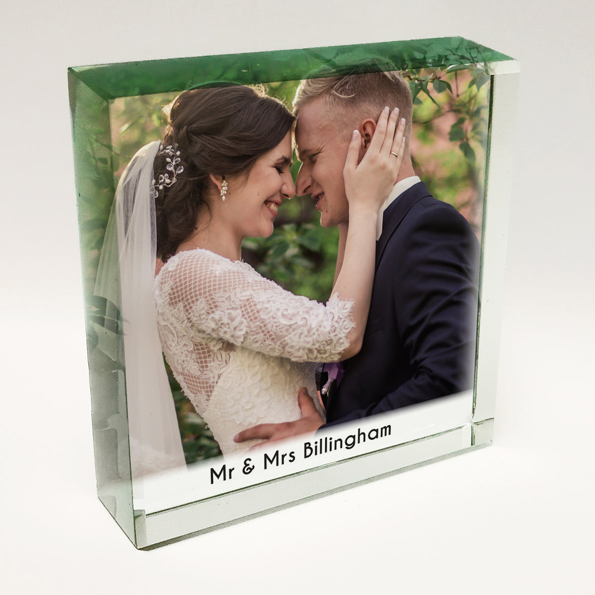 Personalised crystal photo token with a wedding portrait
