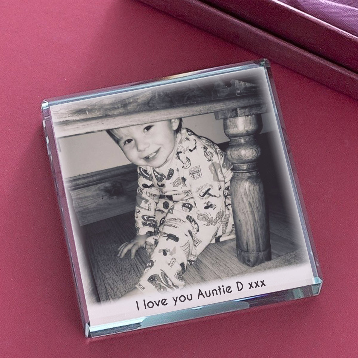 Personalised crystal photo token with a child’s portrait
