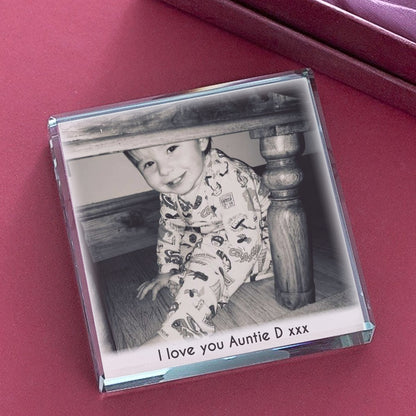 Personalised crystal photo token with a child’s portrait
