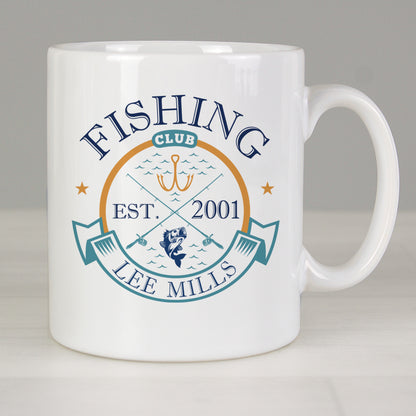 Personalised Fishing Club mug with a fishing club emblem