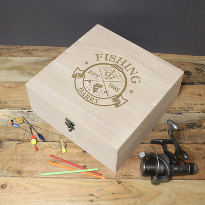 Personalised Fishing Club Wooden Keepsake Box from Heartfelt Gifts