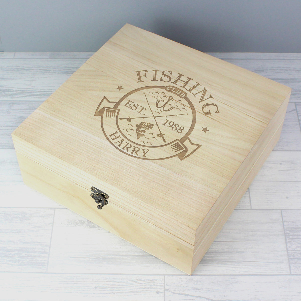 Personalised wooden Fishing Club keepsake box with engraved emblem