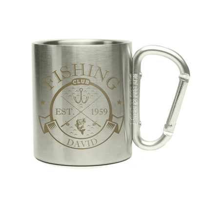Personalised Fishing Club Stainless Steel Mug with David engraving and fishing emblem against white.