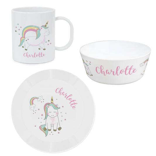 Personalised Unicorn Plastic Breakfast Set with plate, bowl and mug
