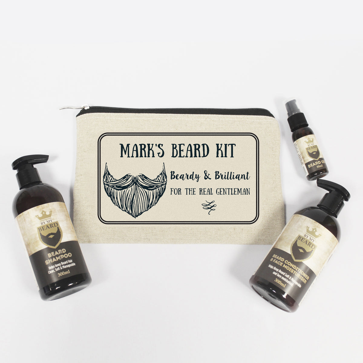 Flat lay of a personalised beard kit with grooming products