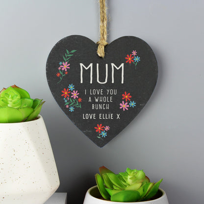 Personalised floral hanging slate heart with a Mum message