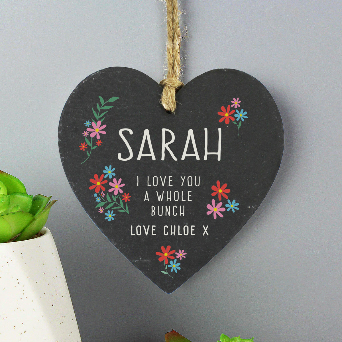 Personalised floral hanging slate heart with a name and message