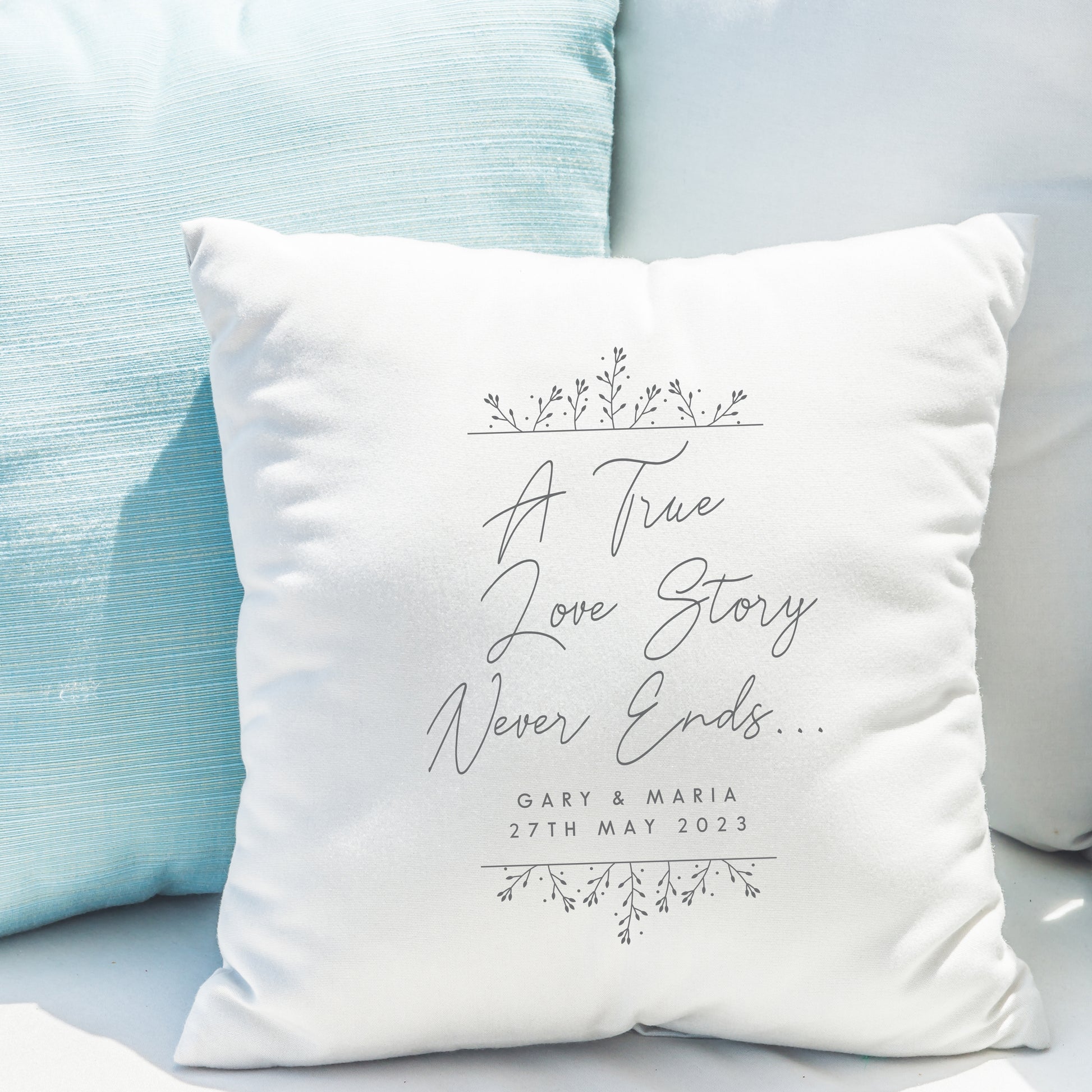 Personalised True Love Story White Cushion from Heartfelt Gifts
