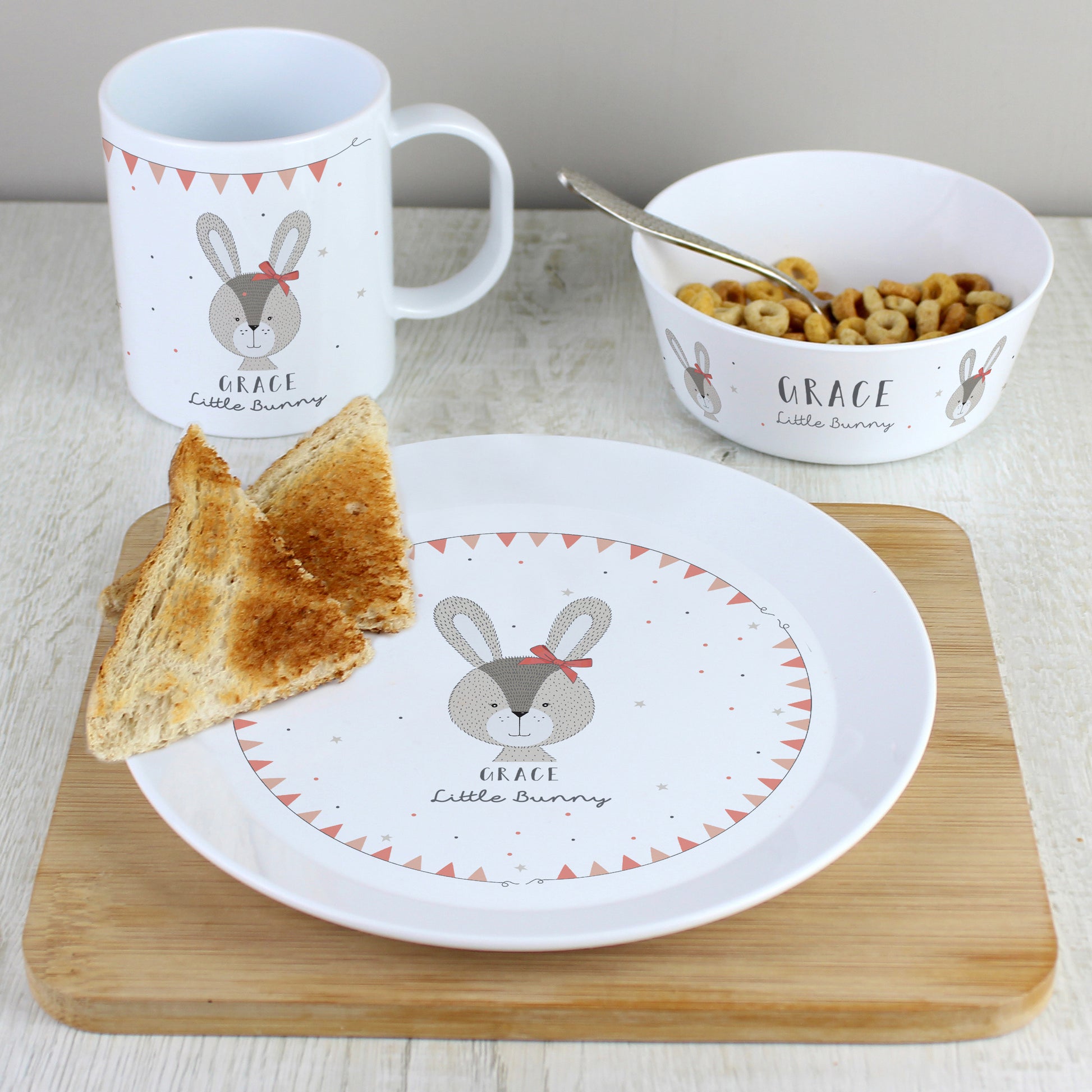 Personalised Little Bunny Pink Plastic Breakfast Set from Heartfelt Gifts