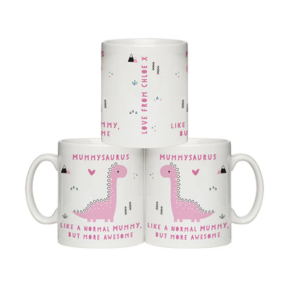 Front and reverse views of a personalised pink dinosaur mug