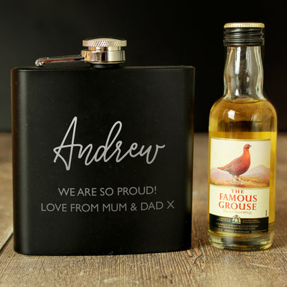 Personalised Free Text Hip Flask and Grouse Miniature Set from Heartfelt Gifts