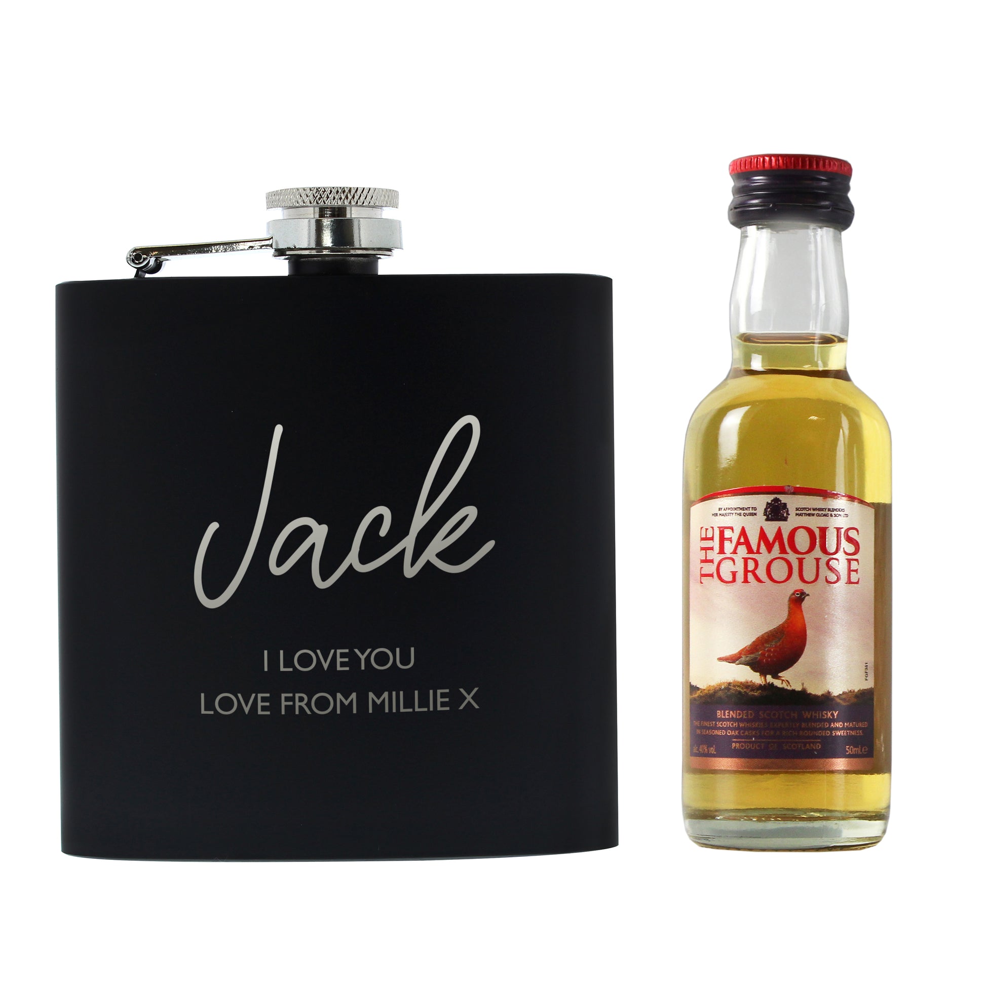 Personalised Free Text Hip Flask and Grouse Miniature Set - image 5