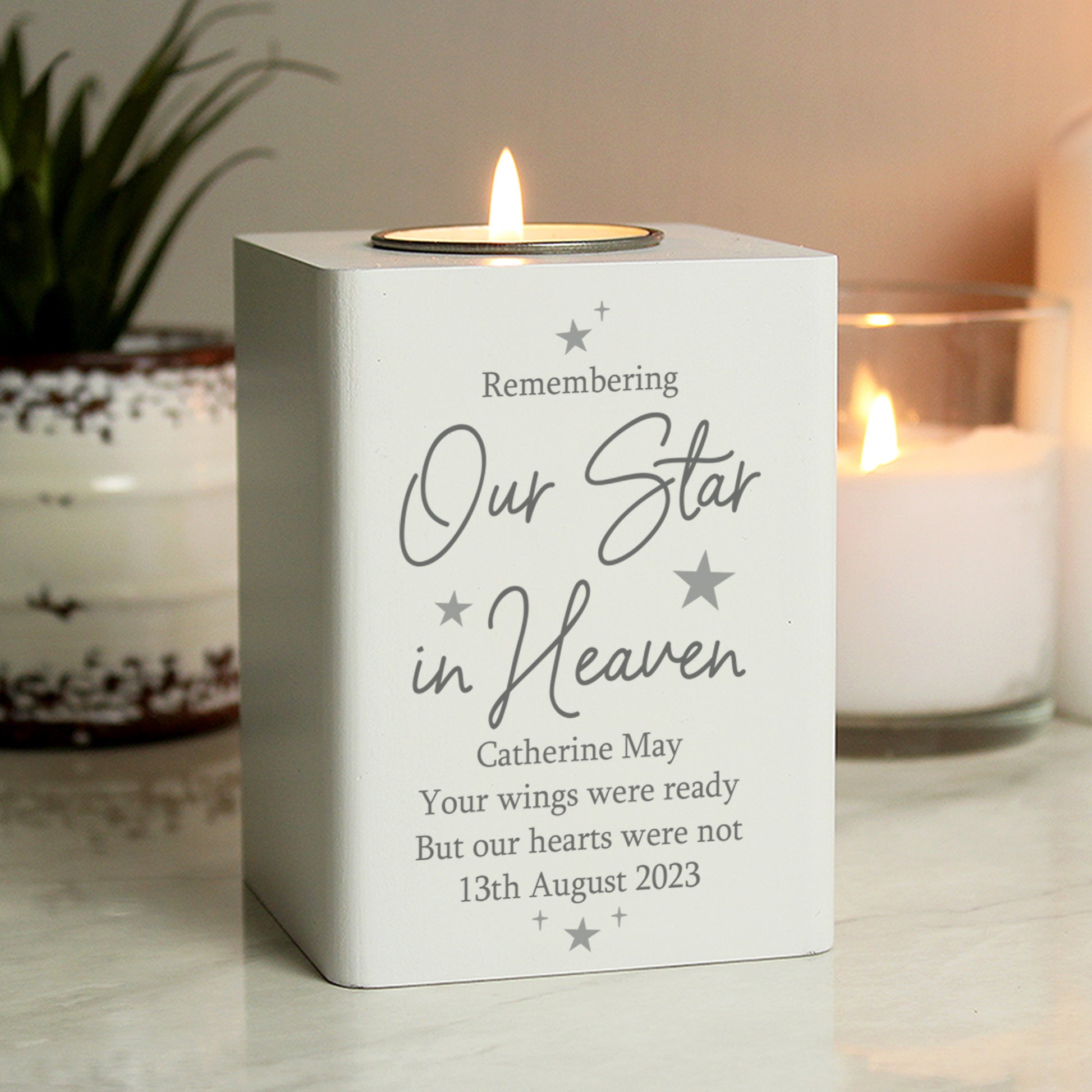 Personalised Our Star In Heaven White Wooden Tea light Holder from Heartfelt Gifts