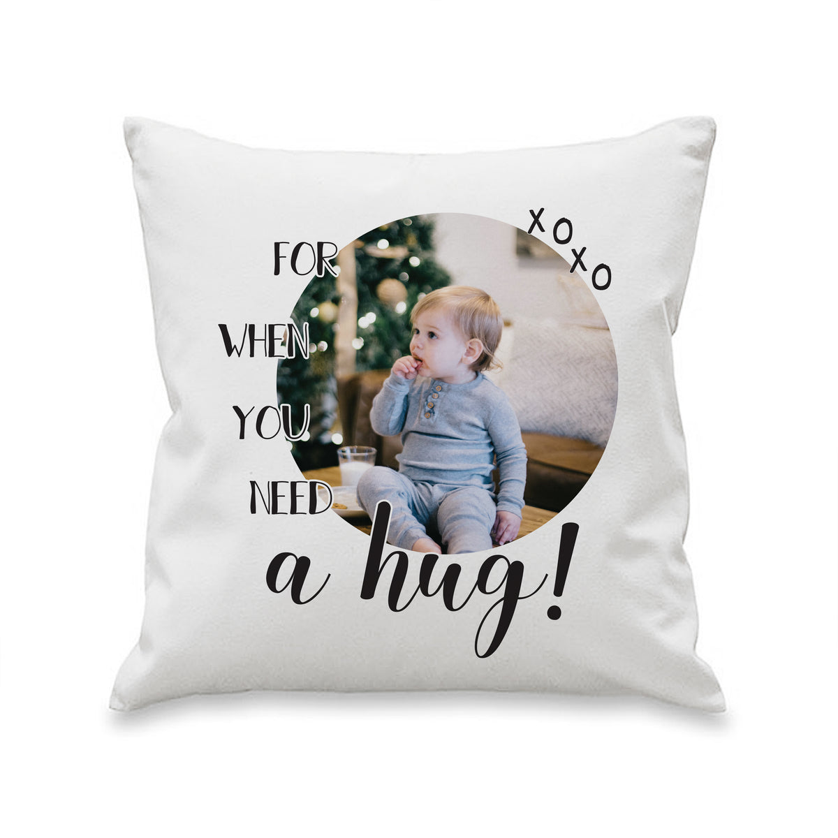 Personalised photo cushion with Need a Hug design on white background